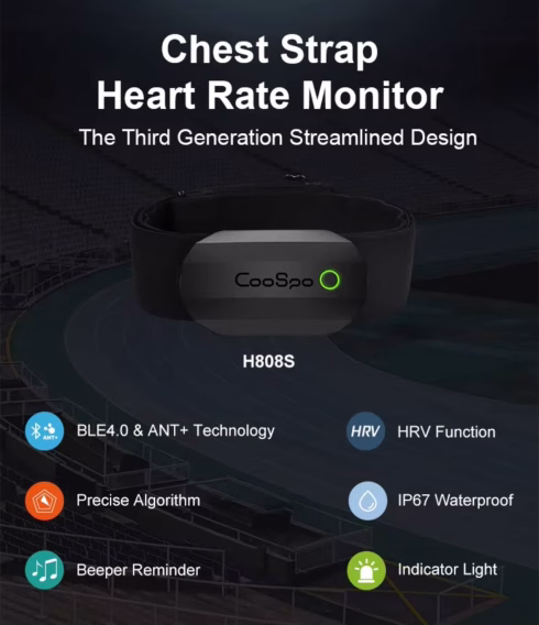 COOSPO H808S chest strap heart rate monitor with Bluetooth 4.0, ANT+ and HRV function