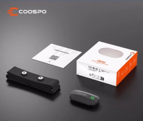 COOSPO H808S heart rate monitor with chest strap, user manual, and retail packaging