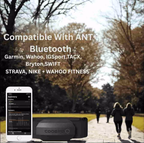 COOSPO H808S chest strap heart rate monitor compatible with Garmin, Wahoo, Strava, Zwift, and Bluetooth ANT+ devices