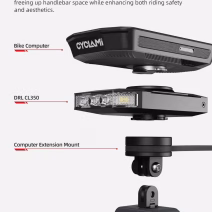 Cyclami CL350 daytime riding bike light showing top-mounted bike computer and underslung action camera compatibility