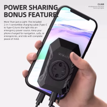 Cyclami CL350 daytime riding bike light used as an emergency power source to charge a smartphone