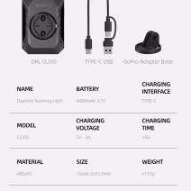 Cyclami CL350 daytime riding bike light product specifications showing battery, charging, size, weight and runtime modes